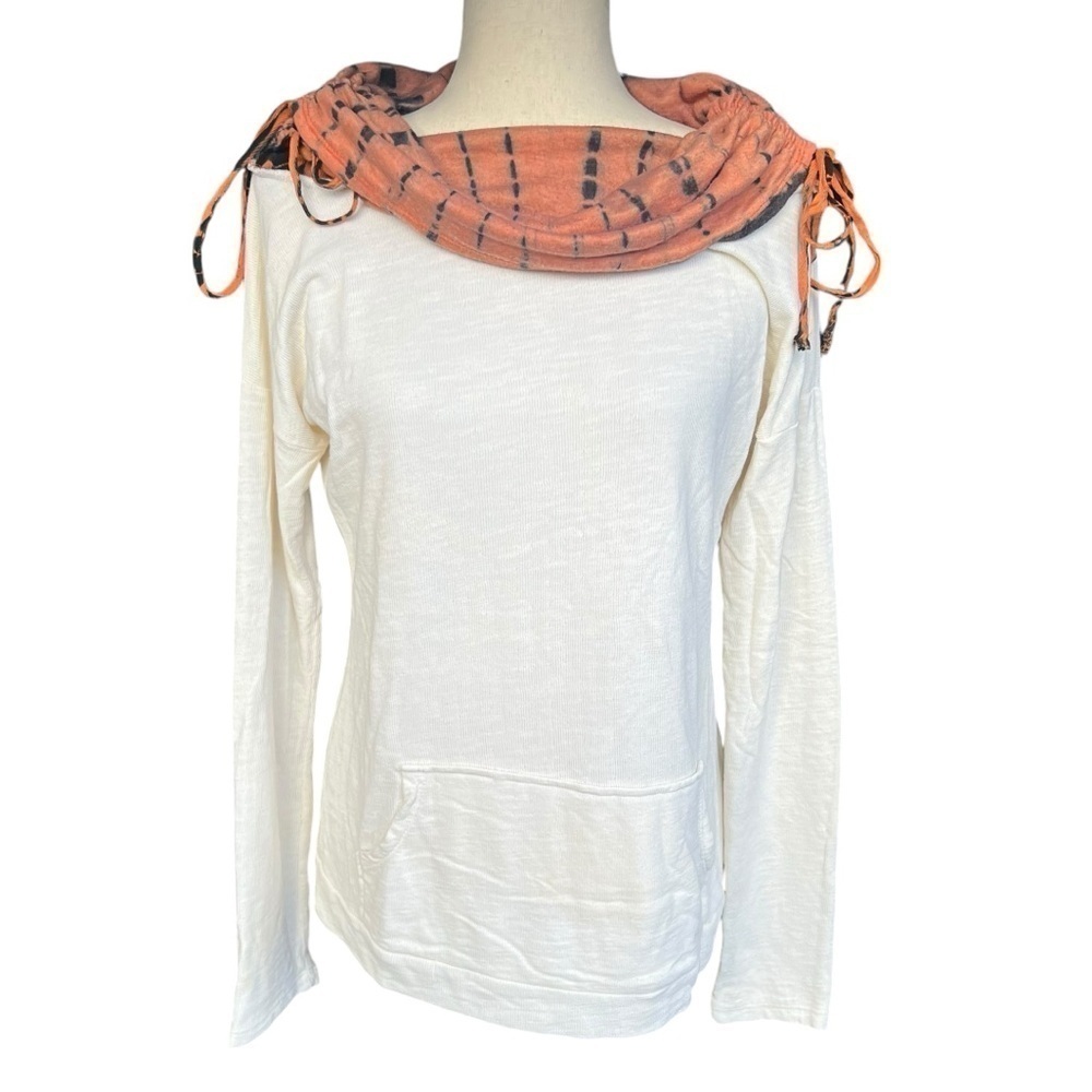 Ableβ Clothing Artsy Cream Thermal Orange Black Tie Dye Cowl Neck Top Size Small